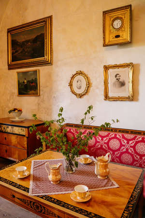 Castle interior. Tea salon. Castle Grabstejn, Ancient medieval gothic chateau near Chotyne, Liberec Region, Czech Republic, May 08, 2019のeditorial素材