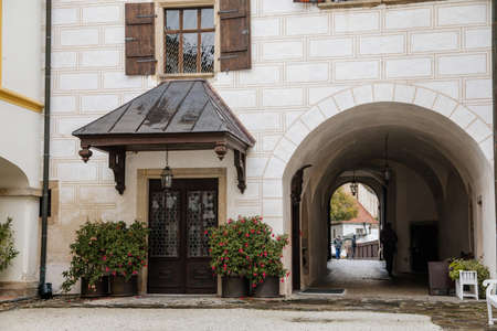 Medieval castle Rozmberk nad Vltavou, Courtyard with Renaissance arcade, South Bohemia, Czech Republic, September 26, 2020のeditorial素材