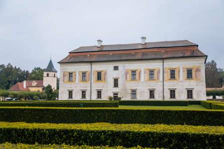 State Chateau Kratochvile, Renaissance residence in watercolor style surrounded by a park and water moat located in South Bohemia, Czech Republic, September 28, 2020のeditorial素材
