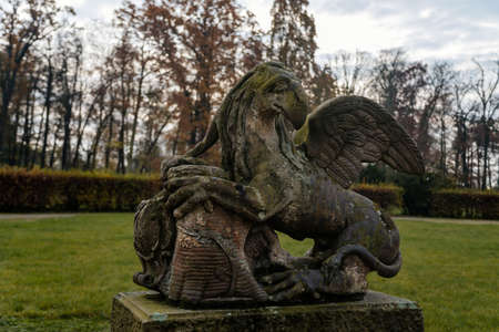 Old abandoned ruined baroque Libechov castle, sculptures in castle garden, Romantic chateau was heavily damaged after affected by flooding in 2002, Central Bohemia, Czech republic, November 14, 2020のeditorial素材
