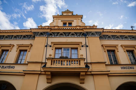 The House At The Golden Grape, Medieval narrow old street with numerous cafes, colorful renaissance and baroque houses in Melnik, sunny autumn day, Central Bohemia, Czech republic, November 14, 2020のeditorial素材