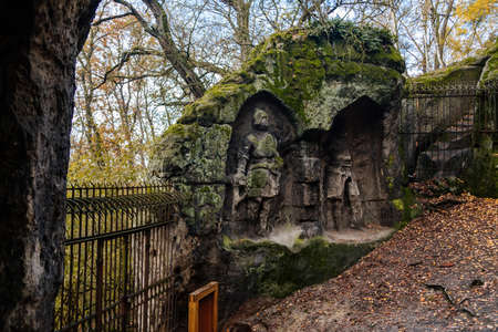 Monument sandstone rock sculptures and Klacelka cave created by Vaclav Levy between Libechov and Zelizy, Cliff carvings carved in pine forest, Central Bohemia, Czech republic, November 14, 2020のeditorial素材