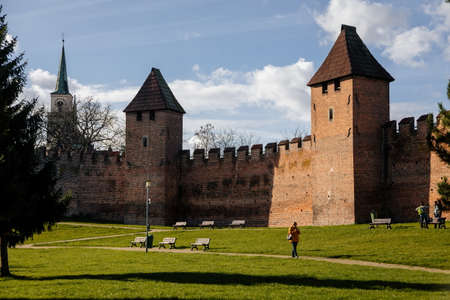 Silhuette of town fortification with battlement and watch tower in sunny autumn day, medieval gothic wall and rampart, View from riverside, Nymburk, Central Bohemia, Czech Republic, November 17, 2020のeditorial素材