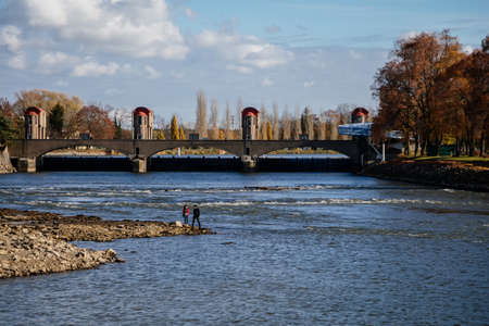 The Labe Elbe River and Hydroelectric plant in Nymburk, Lock water navigation in autumn sunny day, Central Bohemia, Czech Republic, November 17, 2020のeditorial素材