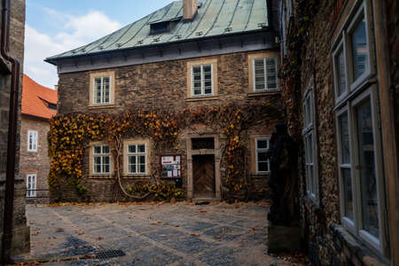 Regional Museum with ivy-covered wall, Dvorak? S Museum of Prehistory or formerly parish school near...