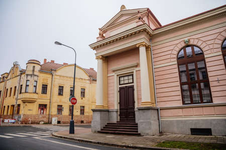 Historical neo classical building with columns and griffins on the roof, Sokolovna, gymnastics organization Sokol movement, autumn day, Cesky Brod, Central Bohemia, Czech Republic, November 28, 2020のeditorial素材