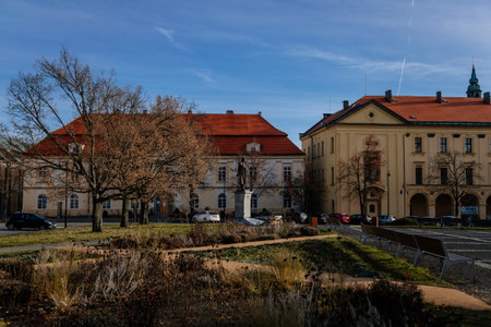 Statue of Tomas Garrigue Masaryk at the main square of historic medieval royal town Slany, Piarist dormitory now Homeland Museum and library in sunny day, Bohemia, Czech Republic, December 27, 2020のeditorial素材
