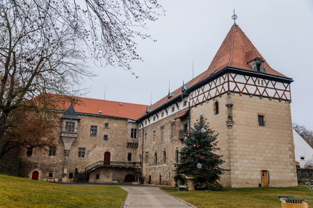 Fortified medieval stronghold, Moated gothic castle at romantic style, National cultural landmark with Christmas tree in winter day, Budyne nad Ohri, Bohemia, Czech Republic, December 19, 2020のeditorial素材