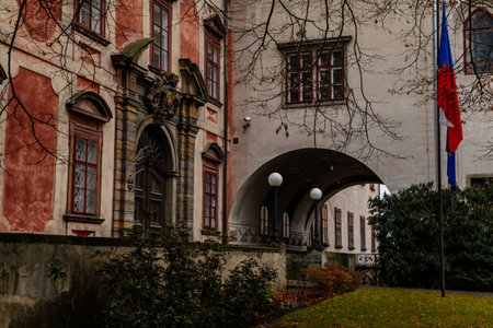 Castle Libochovice with French style park and garden, Romantic baroque chateau in winter day,...