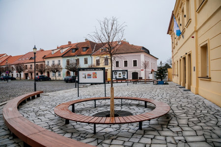 Cultural house Rip, Narrow picturesque street with baroque and renaissance historical buildings at Hus Square in winter day, Roudnice nad Labem, Central Bohemia, Czech Republic, December 19, 2020のeditorial素材