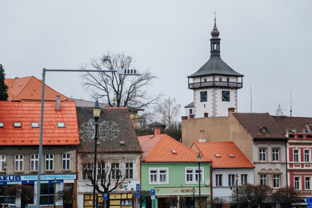 Karlovo namesti town square with baroque and renaissance historical buildings and the stone tower...