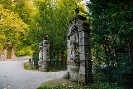 English-style park with terraces in autumn day, rose garden, statues near romantic medieval gothic and baroque castle Konopiste, Benesov, Chateau at Central Bohemia, Czech Republic, October 1, 2017のeditorial素材