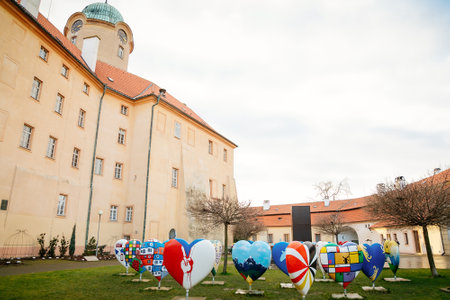 Exhibition of Hearts with Images of EU Countries, Podebrady Castle at River Labe, view from inner...