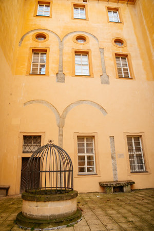 Podebrady Castle at River Labe, view from inner courtyard side, gothic portal, historical spa town,...