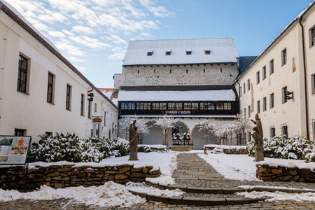 Prachen Museum, Narrow picturesque street with baroque and renaissance historical buildings in winter sunny day, beautiful cityscape of medieval town Pisek, Bohemia, Czech Republic, January 09, 2021のeditorial素材