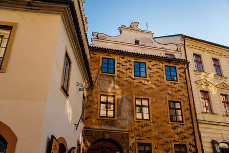Hradcany Town Hall, Beautiful renaissance house, facade is richly decorated with figural sgraffito, Palace at Square nearby Prague Castle, sunny winter day, Prague, Czech Republic, December 31, 2020のeditorial素材