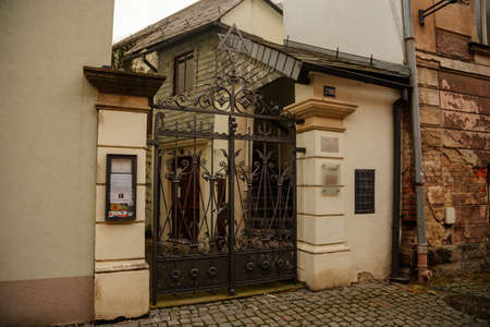 Late baroque synagogue in Jewish Quarter, picturesque street with baroque and renaissance historical buildings, cityscape of medieval town, Bohemian Paradise, Turnov, Czech Republic, January 01, 2021のeditorial素材
