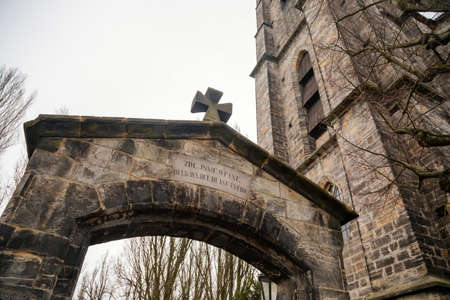 Gothic stone church of the Nativity of the Virgin Mary in winter day, cityscape of medieval town with historical buildings, Bohemian Paradise, Turnov, Czech Republic, January 01, 2021のeditorial素材