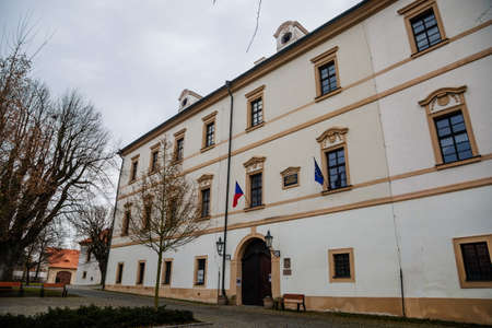 Renaissance castle with Sgraffito decorated facade, chateau with park, footpath in garden on sunny winter day, Benatky nad Jizerou, Central Bohemian, Czech Republic, January 01, 2021のeditorial素材