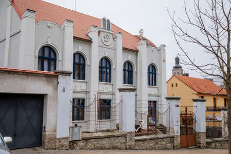 Art Nouveau style building of new synagogue, Church of the Hus Choir, picturesque street, baroque and renaissance historical buildings, Kutna Hora, Central Bohemia, Czech Republic, January 23, 2021のeditorial素材