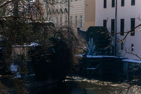 Velkoprevorsky water mill, Kampa Island under Charles Bridge and small river Devil, water channel...