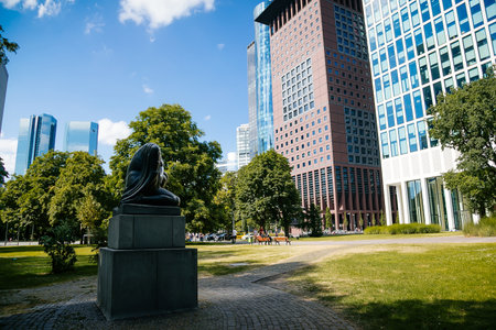 View from Gallusanlage behind the trees, skyscrapers at the financial district, Wall Park in front of the skyline in downtown, Japan Center and Opferdenkmal, Frankfurt am Main, Germany, July 07, 2019のeditorial素材