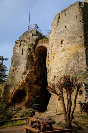 Stone gothic ruins of old rock medieval castle Valecov in sunny winter day before Christmas, ancient fortress on the top of the hill, Bohemian Paradise, Bosen, Czech Republic, December 05, 2020のeditorial素材