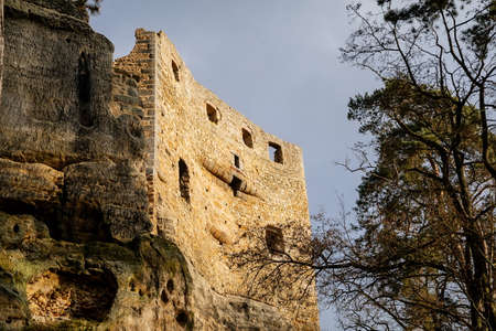 Stone gothic ruins of old rock medieval castle Valecov in sunny winter day before Christmas, ancient fortress on the top of the hill, Bohemian Paradise, Bosen, Czech Republic, December 05, 2020のeditorial素材