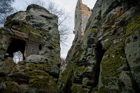 Stone gothic ruins of old rock medieval castle Valecov in sunny winter day before Christmas, ancient fortress on the top of the hill, Bohemian Paradise, Bosen, Czech Republic, December 05, 2020のeditorial素材