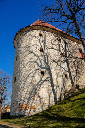 Medieval gothic town fortification, fortress, old stronghold, antique masonry, renaissance historical buildings, stone city walls with towers, sunny day, Zatec, Bohemia, Czech Republic, April 04, 2021のeditorial素材
