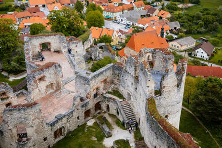 Stone gothic ruins of old medieval castle Rabi in National Park Sumava, ancient fortress in sunny spring day, landmark in countryside, stronghold on the hill, Rabi, Czech Republic, May 29, 2021のeditorial素材