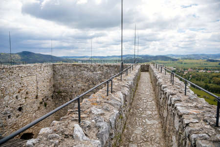 Stone gothic ruins of old medieval castle Rabi in National Park Sumava, ancient fortress in sunny spring day, landmark in countryside, stronghold on the hill, Rabi, Czech Republic, May 29, 2021のeditorial素材