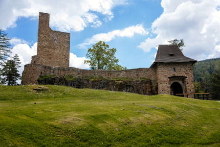 Gothic medieval castle Velhartice in sunny day, tower and entrance gates with arch, moat around stronghold, fortress masonry walls, Velhartice, Sumava, South Bohemia, Czech Republic, May 29, 2021のeditorial素材