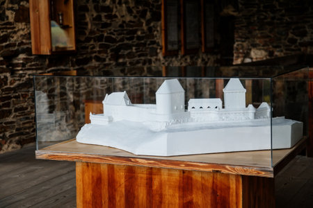The interiors of gothic medieval castle tower, wooden white castle mockup, fortress masonry wall, old stronghold, Velhartice, National Park Sumava, South Bohemia, Czech Republic, May 29, 2021のeditorial素材