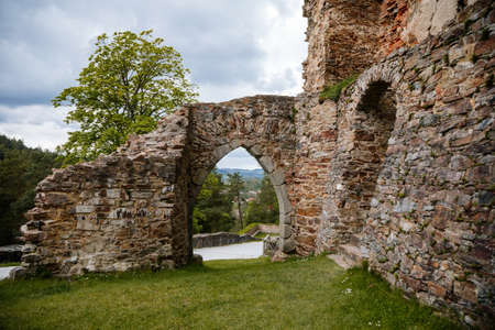 Gothic medieval castle Velhartice in sunny day, Stone arch fairytale gate portal, fortress masonry wall, old stronghold, Velhartice, National Park Sumava, South Bohemia, Czech Republic, May 29, 2021のeditorial素材