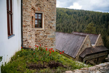 Gothic medieval castle Velhartice in sunny day, tower at the hill near forest, fortress masonry wall, old stronghold, Velhartice, National Park Sumava, South Bohemia, Czech Republic, May 29, 2021のeditorial素材
