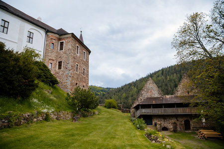 Gothic medieval castle Velhartice in sunny day, tower at the hill near forest, fortress masonry wall, old stronghold, Velhartice, National Park Sumava, South Bohemia, Czech Republic, May 29, 2021のeditorial素材