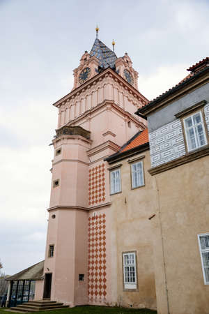 Gothic Castle Brandys nad Labem, Renaissance palace view from garden, clock tower, chateau park, sgraffito mural decorated plaster at facade, wall decor, Central Bohemian, Czech Republic, May 01, 2021のeditorial素材