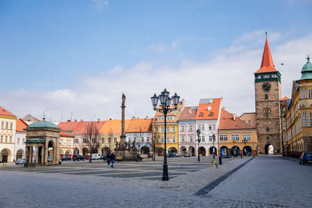 Wallenstein square, renaissance historical buildings, baroque meteorological column, gothic tower Valdice gate and Marian Column, sculptural group of Virgin Mary, Jicin, Czech Republic, May 01, 2021のeditorial素材