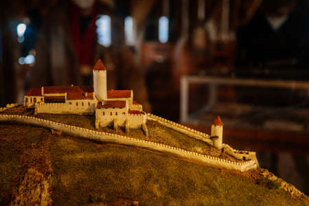 Model or mock-up of medieval gothic castle, interior of castle Bezdez, ancient fortress scalloped walls, fairytale stronghold, round tower, Liberec region, North Bohemia, Czech Republic, May 08, 2021のeditorial素材