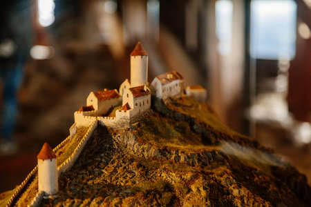 Model or mock-up of medieval gothic castle, interior of castle Bezdez, ancient fortress scalloped walls, fairytale stronghold, round tower, Liberec region, North Bohemia, Czech Republic, May 08, 2021のeditorial素材