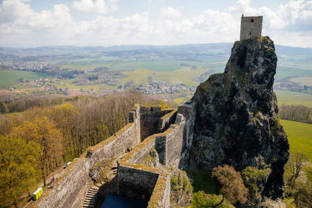 Medieval gothic castle Trosky at two basalt volcanic plugs, tower on hill in sunny day, fortress walls, fairytale stronghold, old ancient ruin in Bohemian Paradise, Czech Republic, May 08, 2021のeditorial素材
