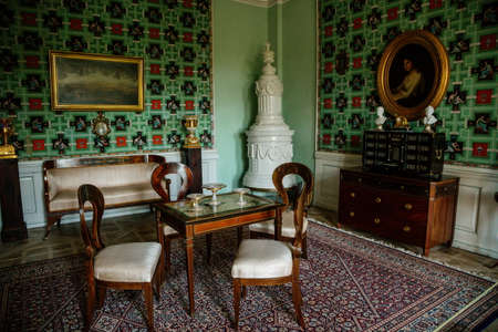 Krasny Dvur Chateau, North Bohemia, Czech Republic, 19 June 2021: Castle interior, Biedermeier...
