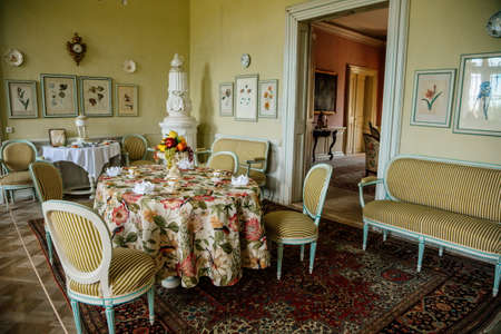 Krasny Dvur Chateau, North Bohemia, Czech Republic, 19 June 2021: Castle interior, white baroque...