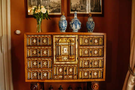 Velke Brezno, Czech Republic, 26 June 2021: chateau Velke Brezno, castle interior with baroque and renaissance furniture, bureau with swing doors, wooden secretaire, antique desk for storing jewelry.のeditorial素材