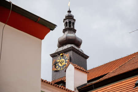 Pelhrimov, Czech Republic, 03 July 2021: Renaissance castle with red facade, mansard roof with...