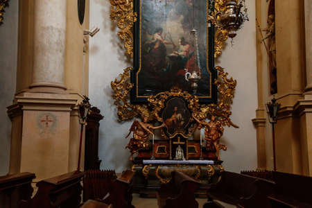 Kuks, East Bohemia, Czech Republic, 10 July 2021: Baroque castle and hospital Kuks, Decorative historic interior of Church of the Holy Trinity after restoration, gilded ornamented baroque altar.のeditorial素材