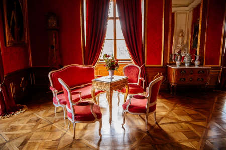Valtice, Southern Moravia, Czech Republic, 04 July 2021: Castle interior with baroque wooden carved furniture, dining room or red salon with tall mirror in gilded frame, porcelain vase on table.のeditorial素材