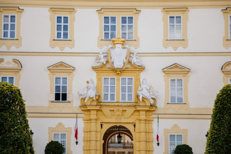 Valtice castle, Southern Moravia, Czech Republic, 04 July 2021: Baroque old historic residences, popular travel destination at sunny summer day, UNESCO world heritage, Sculptures in ornamental garden.のeditorial素材