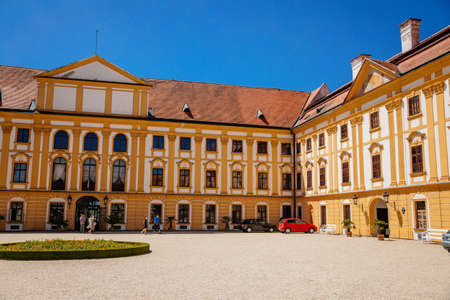 Jaromerice nad Rokytnou, Bohemia, Czech Republic, 06 July 2021: Baroque romantic chateau with park, medieval renaissance castle at summer sunny day, geometrically trimmed green bushes in garden.のeditorial素材